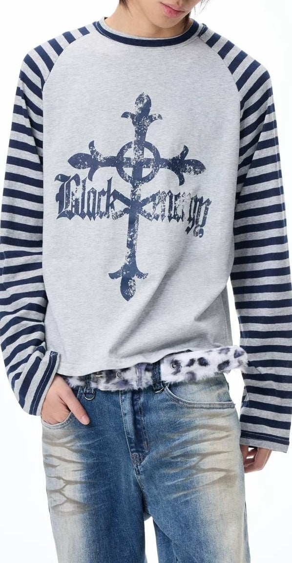 グレー ストライプ ラグラン Tシャツ