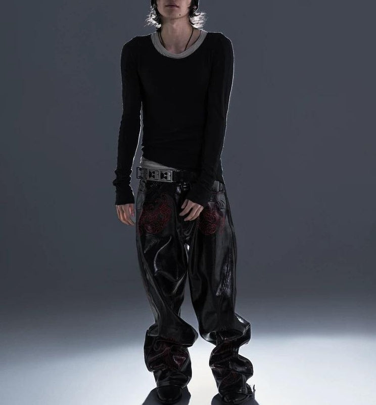 BAROQUE SKULL CLIP LEATHER PANTS