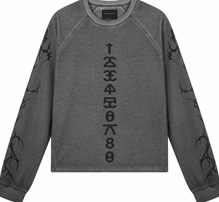 SANSKRIT PRINT WAFFLE LONG SLEEVE T-SHIRT