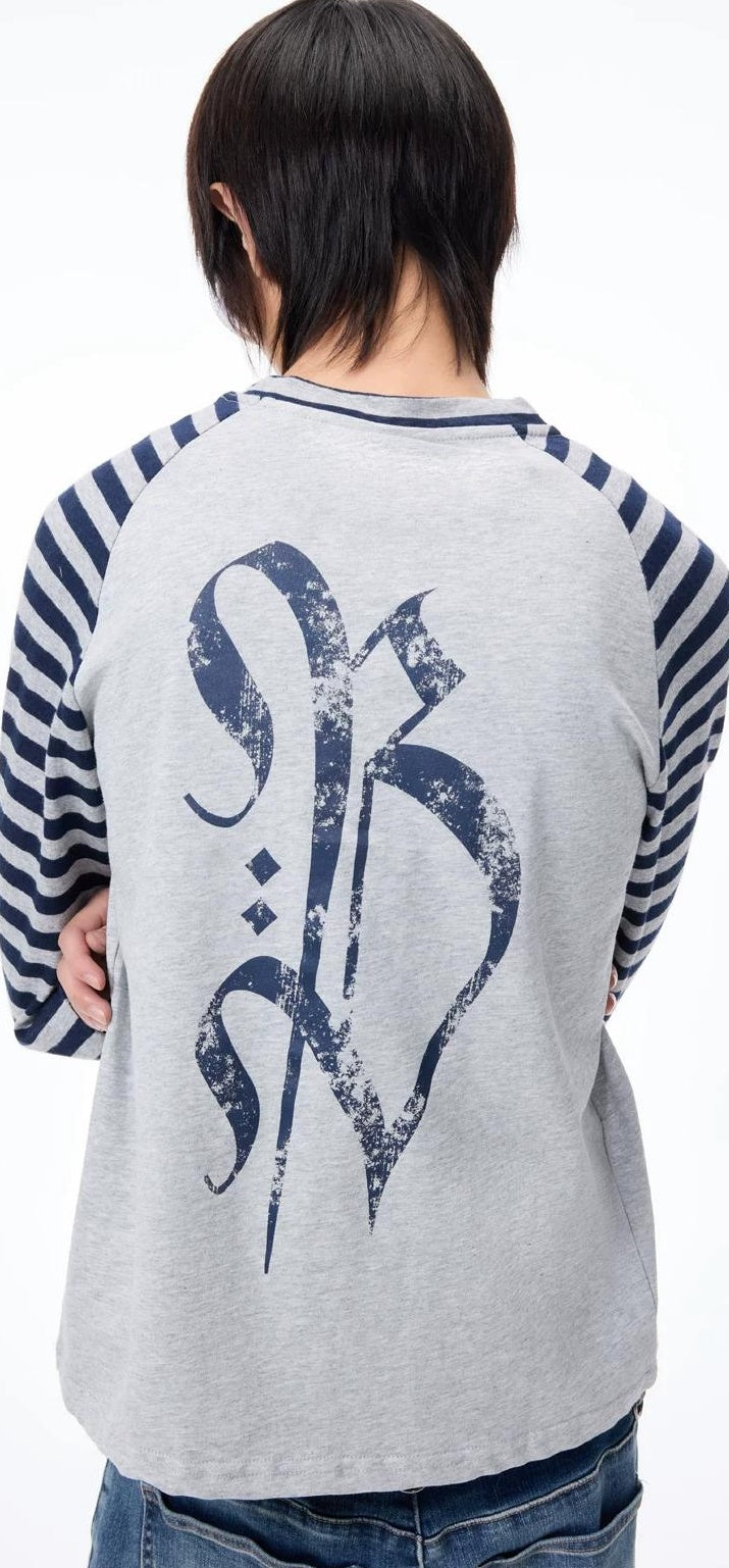 グレー ストライプ ラグラン Tシャツ