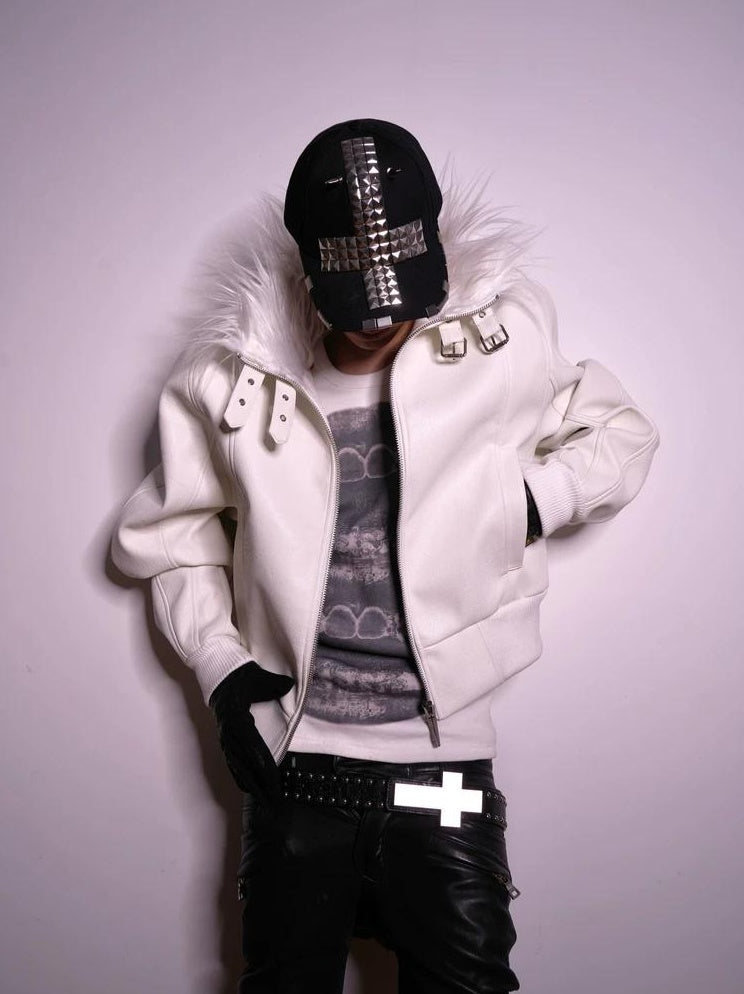 FAUX FUR COLLAR LEATHER JACKET
