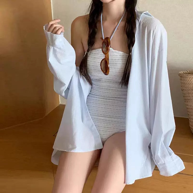 HALTER NECK STRIPED SWIMSUIT