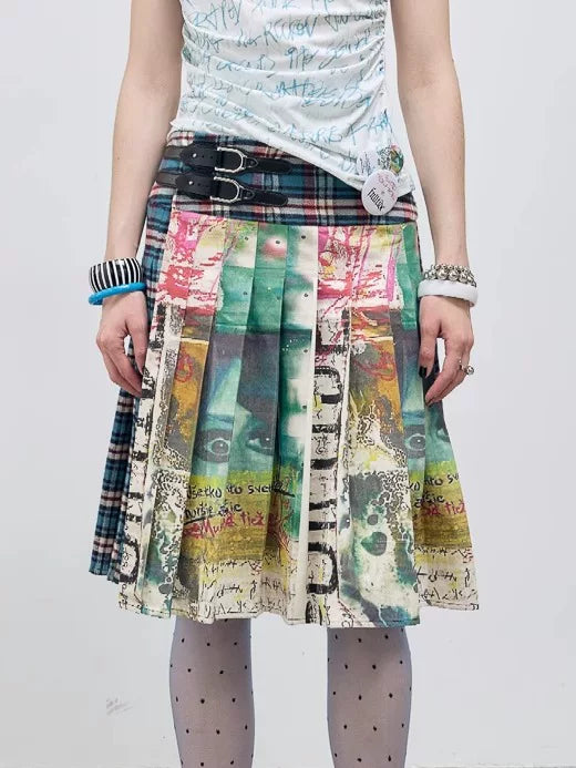 PLAID PLEATED LEATHER SKIRT