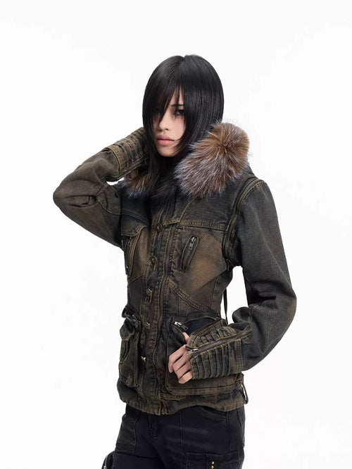 STRUCTURED DENIM JACKET WITH FAUX FUR