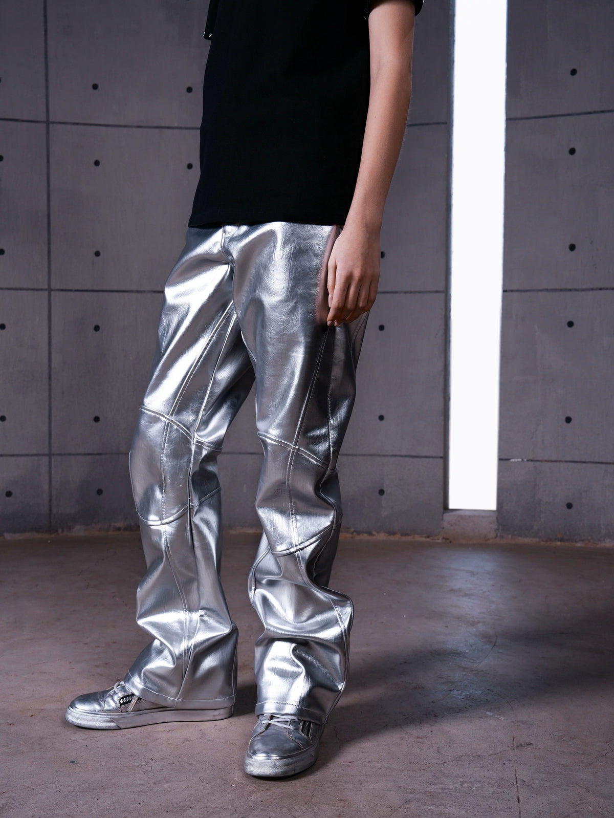 SILVER LIQUID LEATHER STRAIGHT LEG PANTS