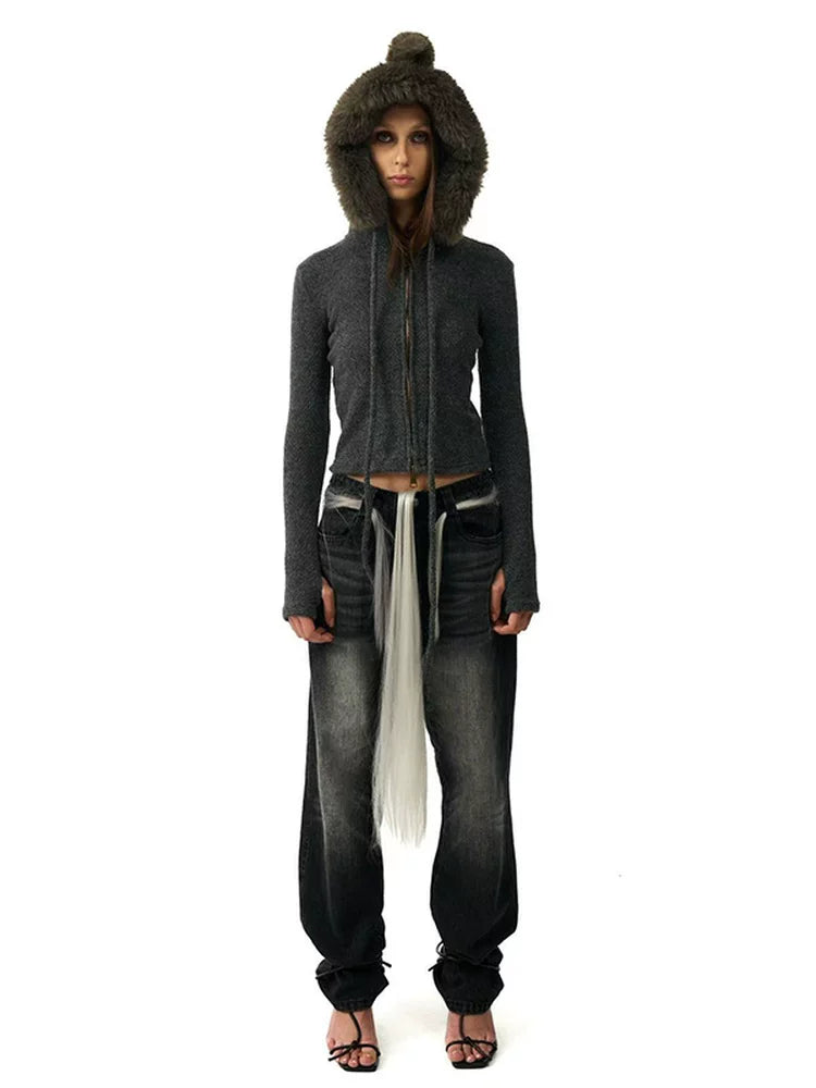 KNITTED JACKET WITH DETACHABLE FUR COLLAR