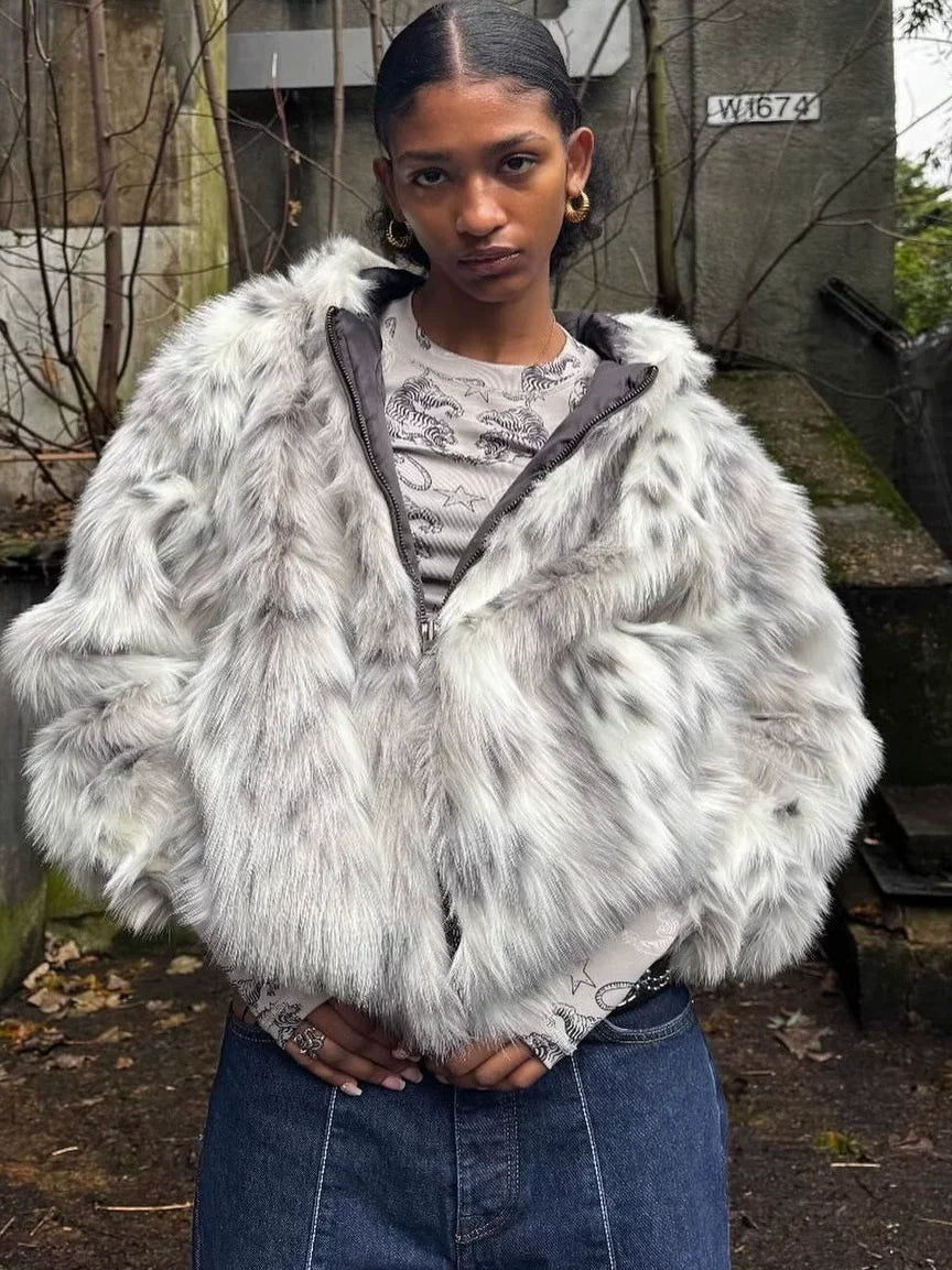 FAUX FUR LEOPARD FLORAL COAT