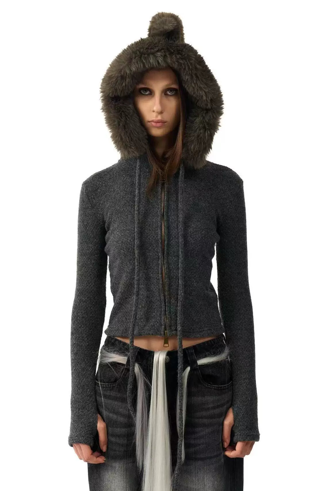 KNITTED JACKET WITH DETACHABLE FUR COLLAR