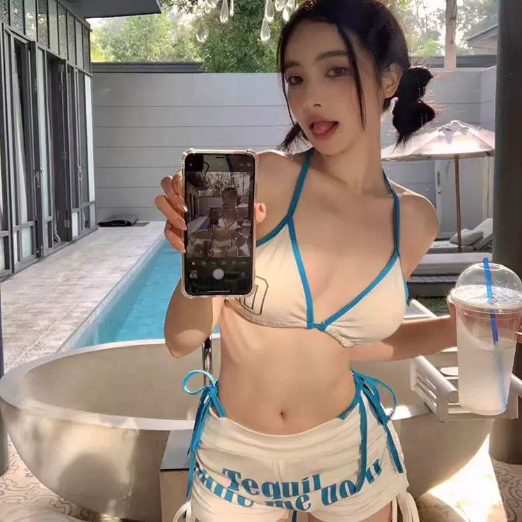 BLUE-AND-WHITE TIE-SIDE BIKINI SET