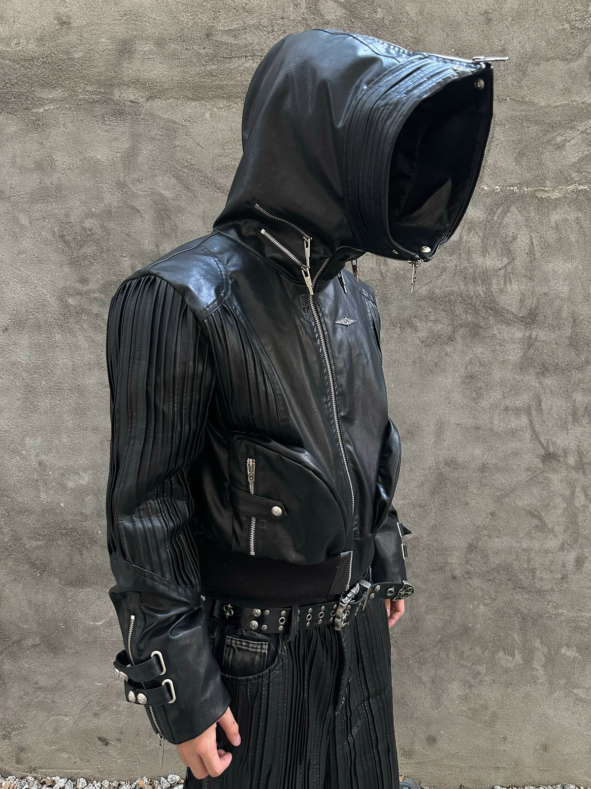 PLEATED LEATHER HOODED JACKET