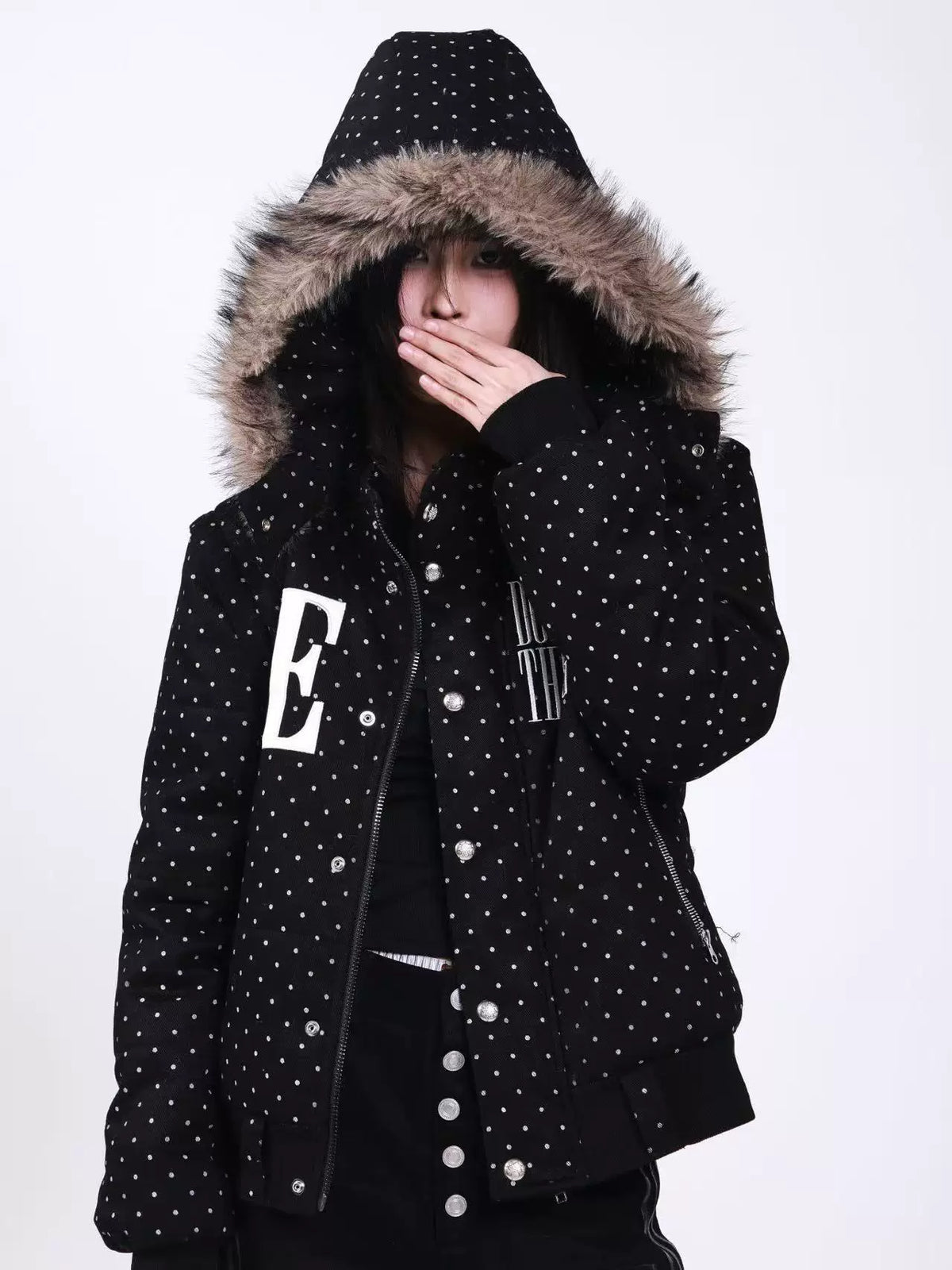 POLKA DOT HOODED JACKET WITH FUR COLLAR
