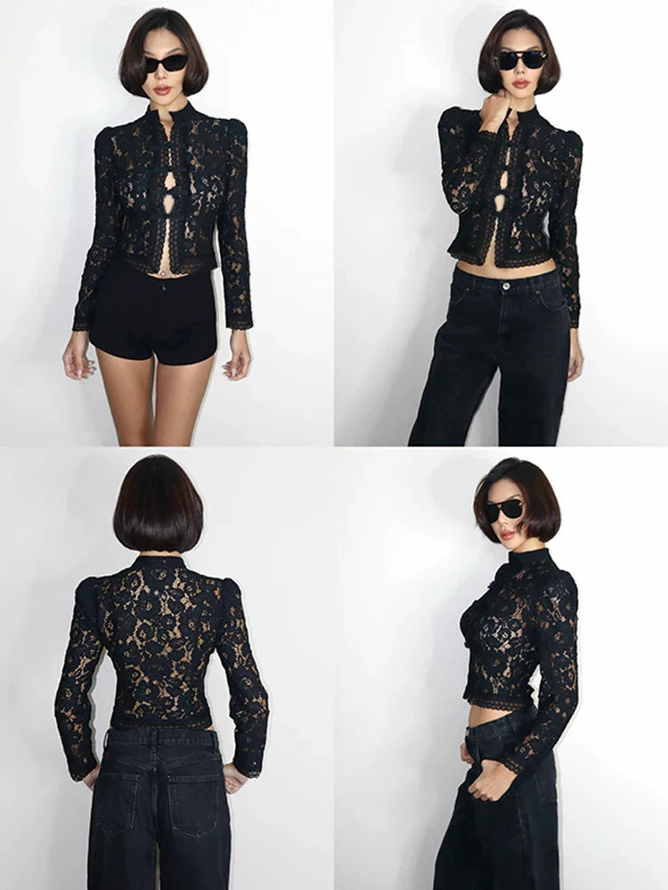 LACE CROCHET STAND-UP COLLAR TOP