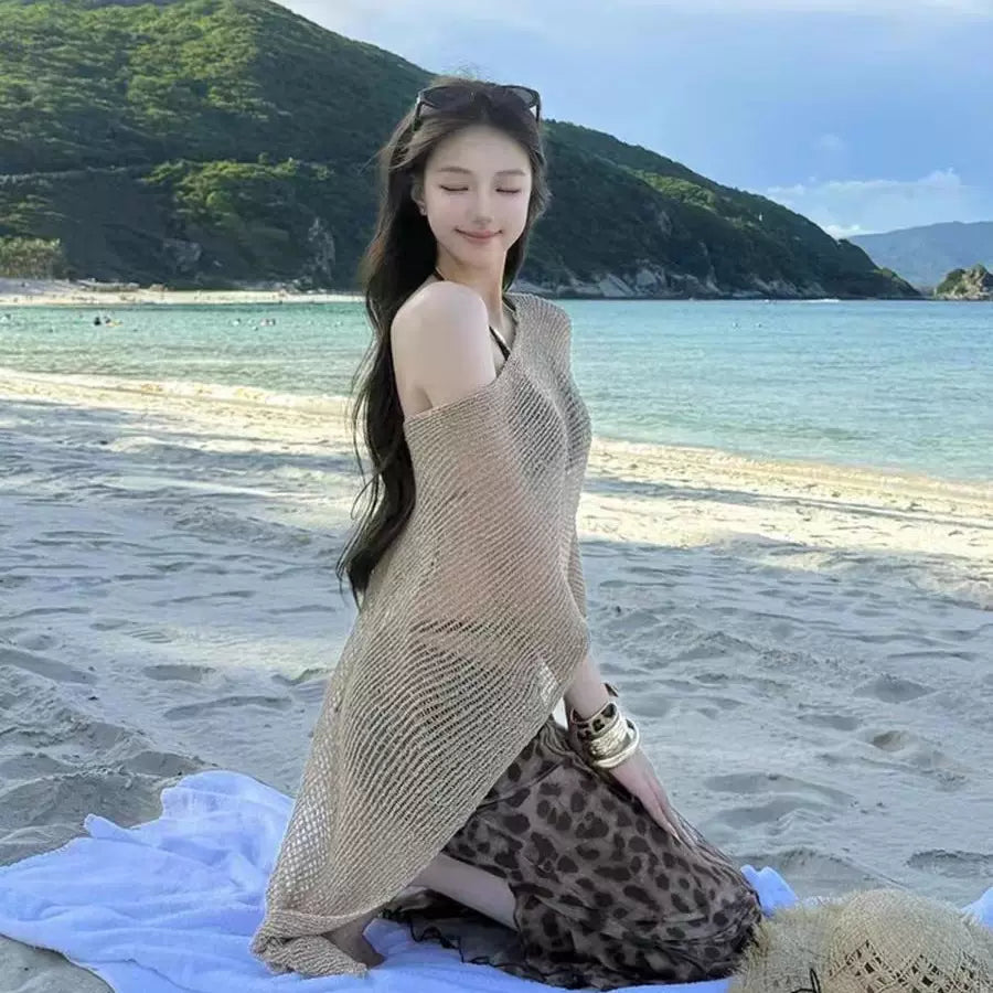 GOLD KNIT CARDIGAN AND LEOPARD BIKINI SET
