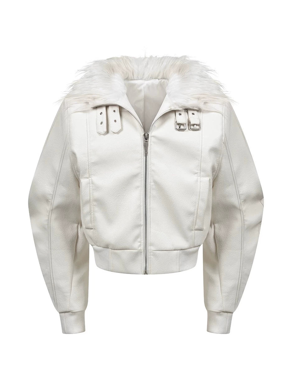 FAUX FUR COLLARED LEATHER JACKET
