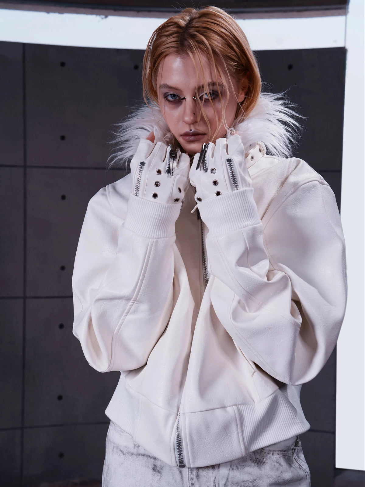 FAUX FUR COLLARED LEATHER JACKET