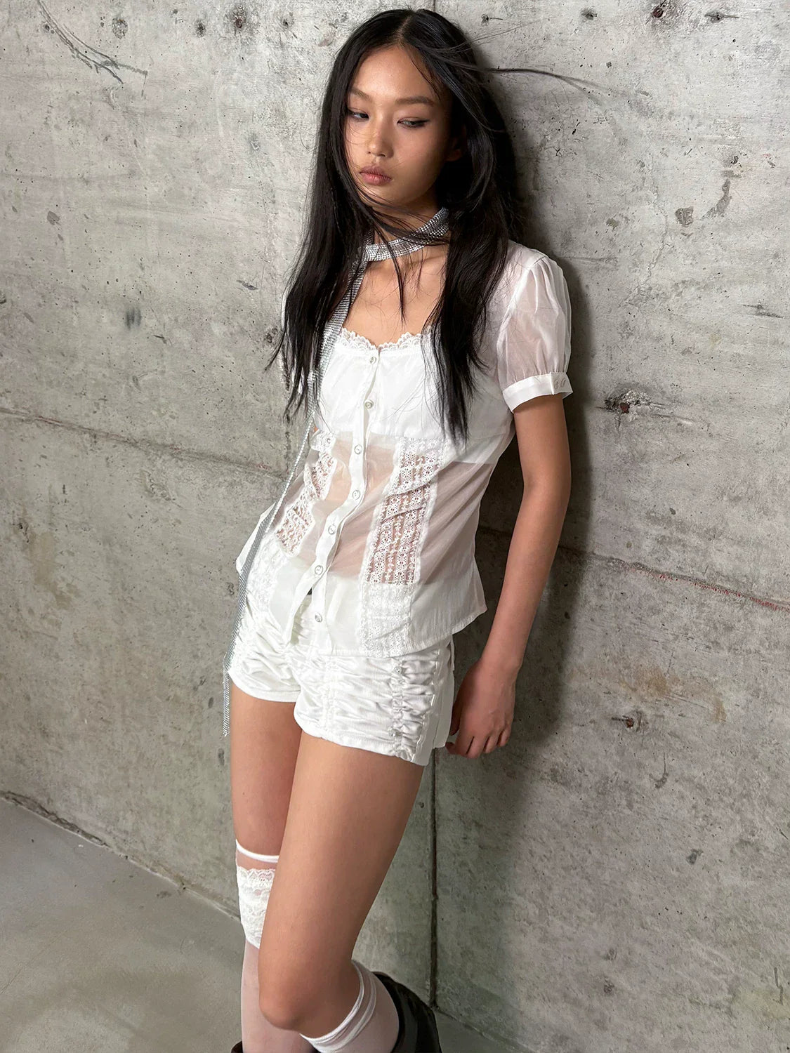 LACE SLEEVE SQUARE NECK BLOUSE