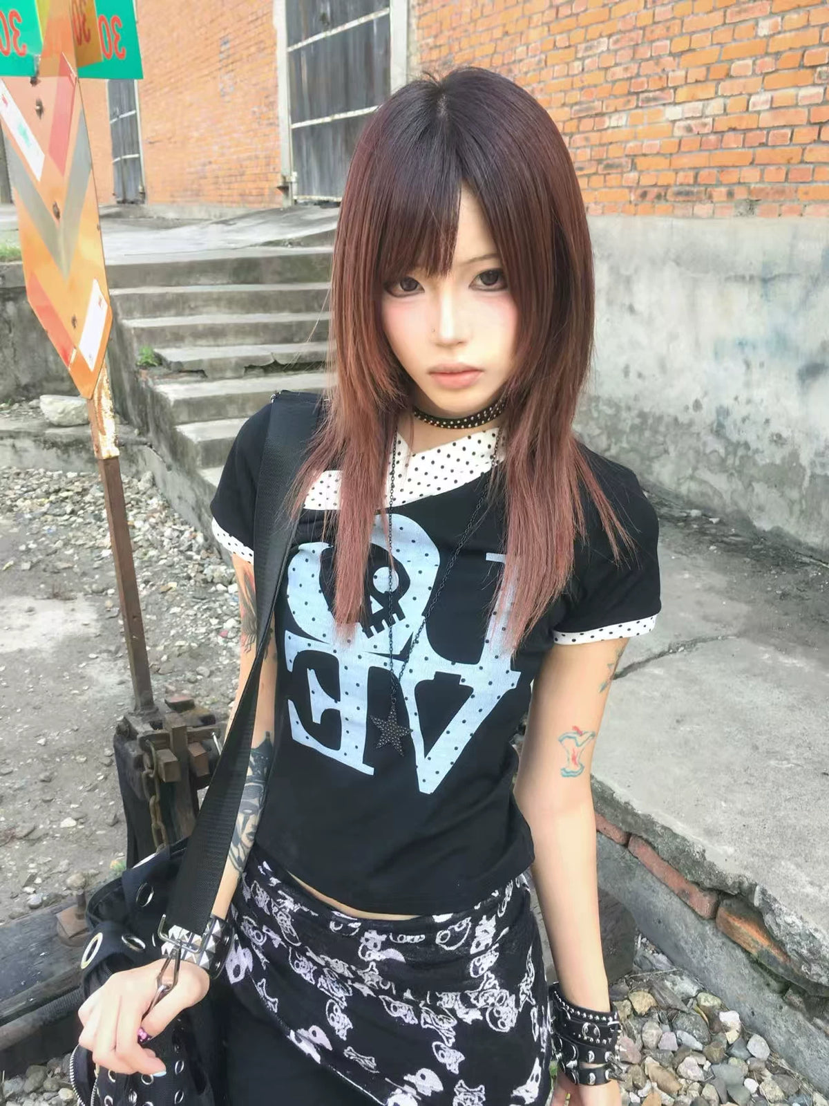 Y2K SKULL POLKA DOT TEE