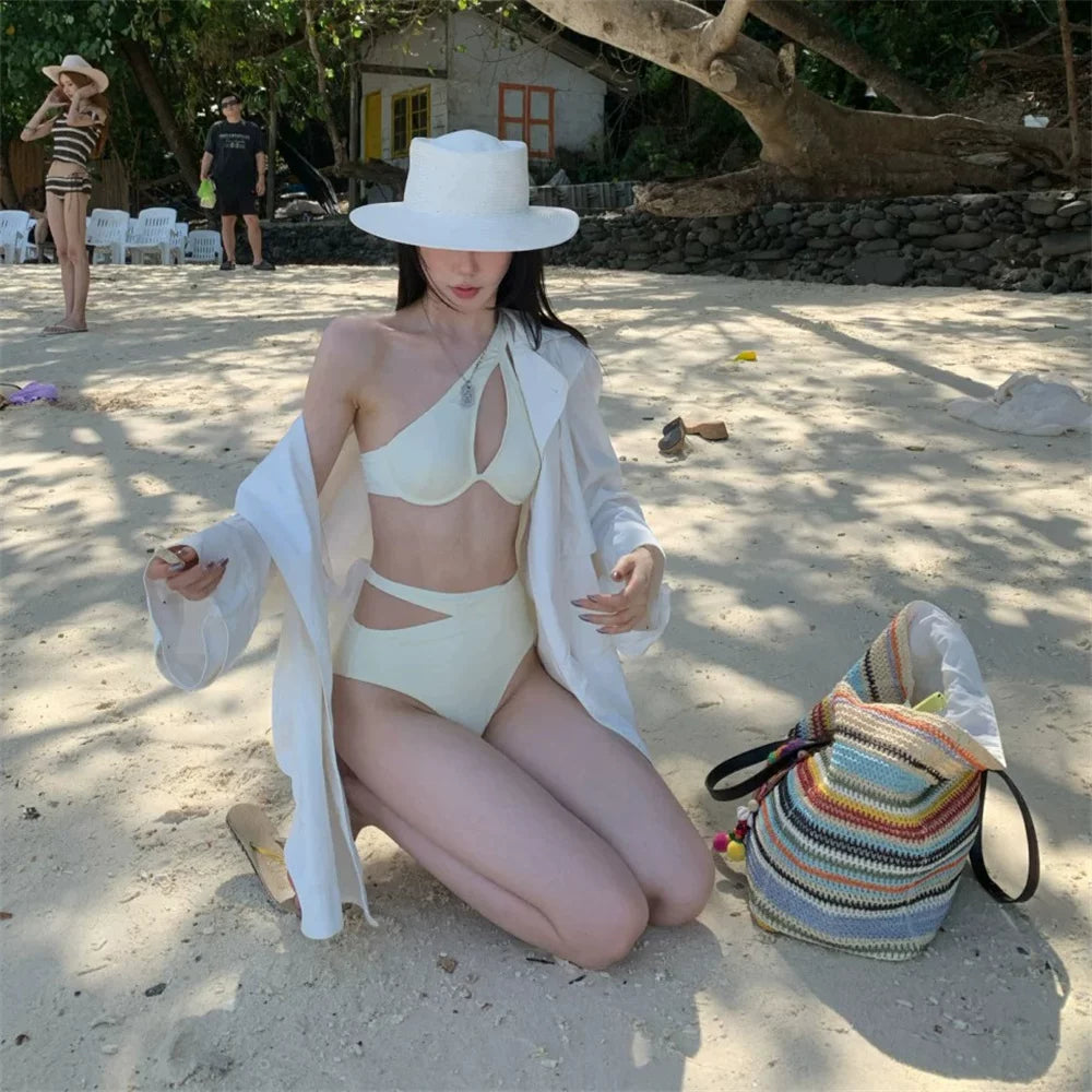 ONE-SHOULDER LACE-UP HIGH-WAISTED BIKINI