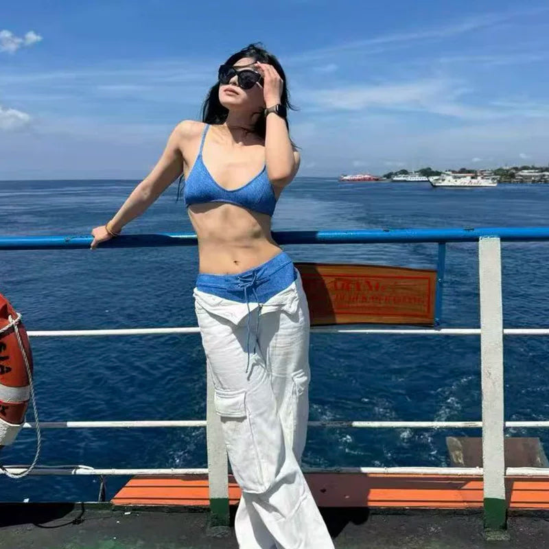 STRAPLESS DENIM TWO-PIECE SWIMSUIT