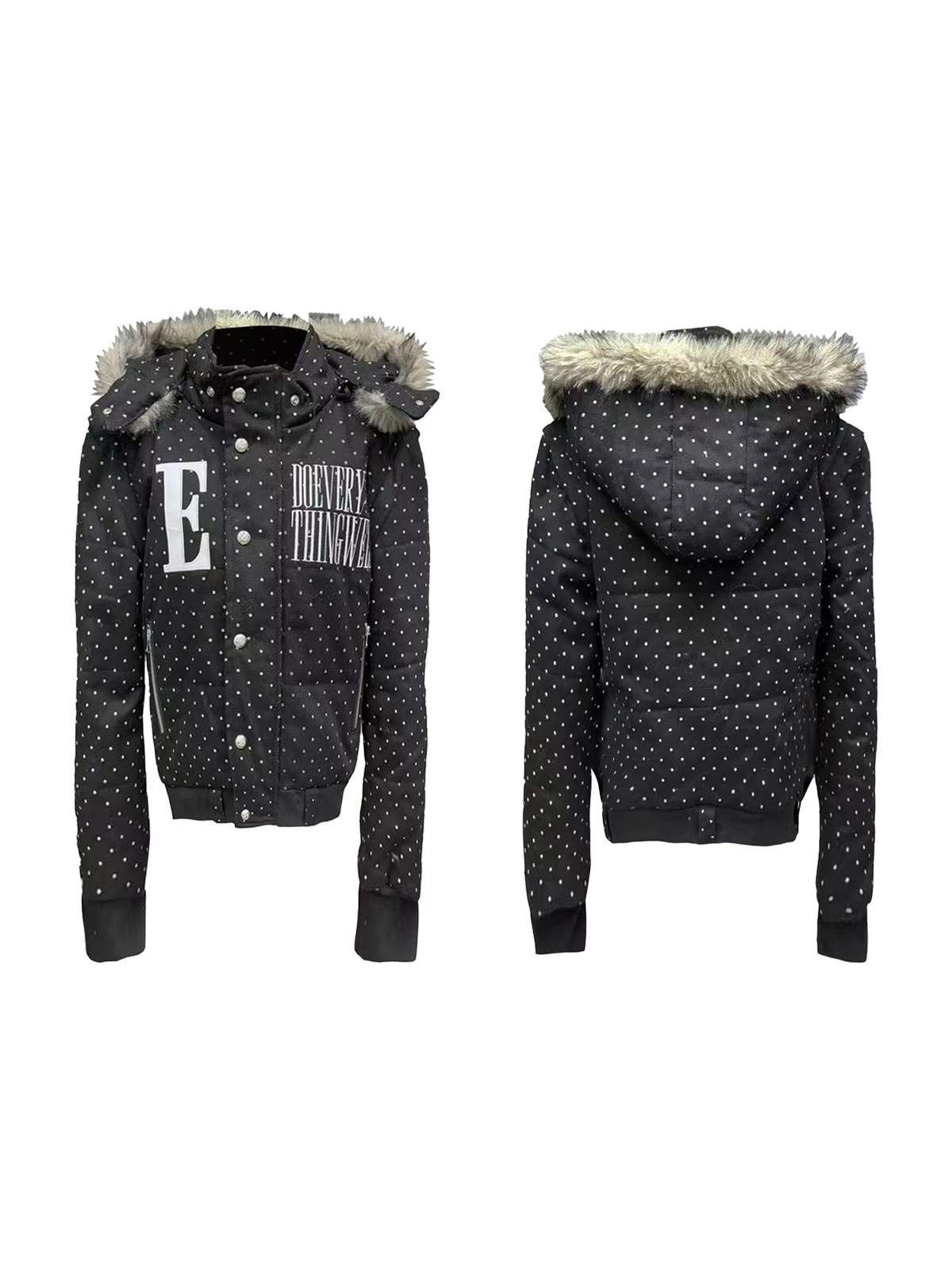 POLKA DOT HOODED JACKET WITH FUR COLLAR