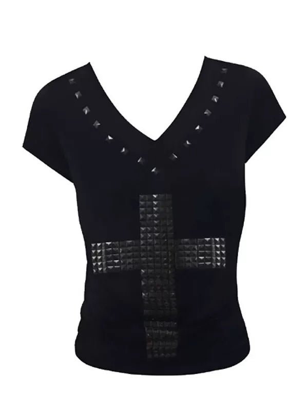 RHINESTONE V-NECK SLIM T-SHIRT