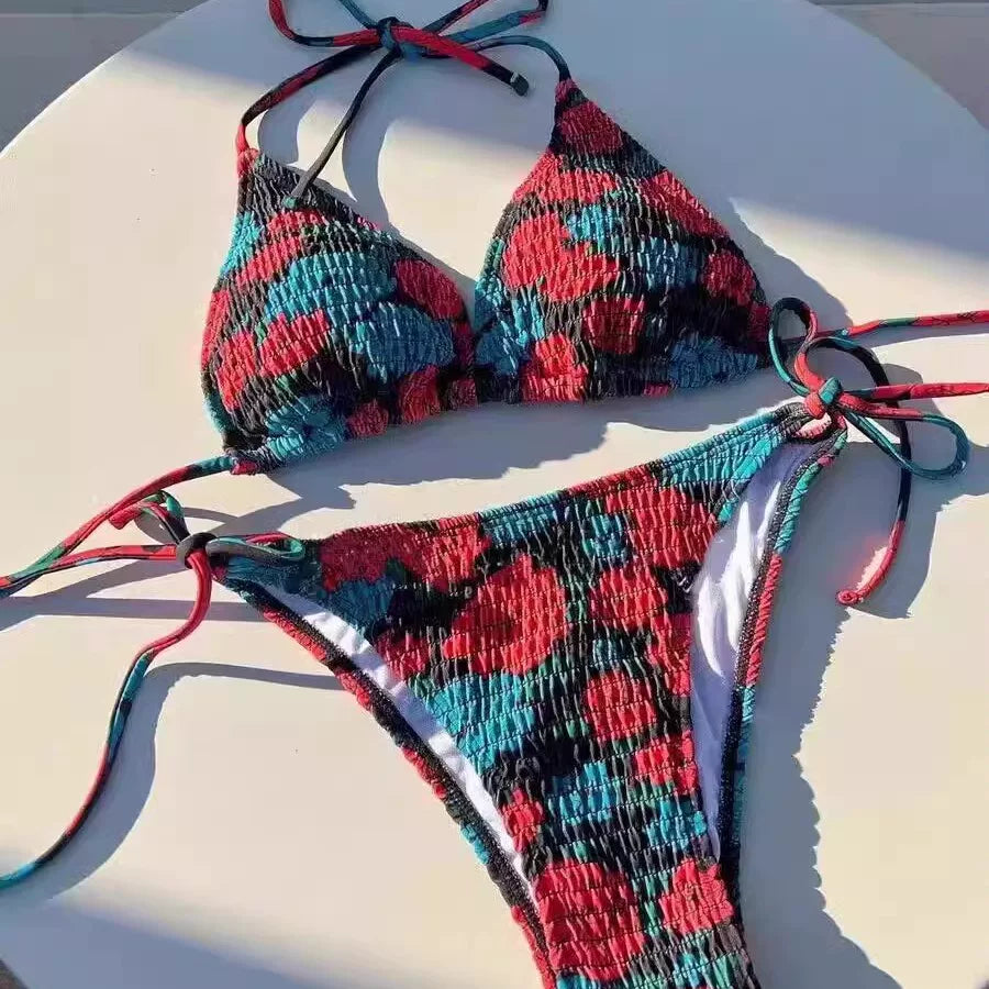 FLORAL PRINT PLEATED BIKINI SET