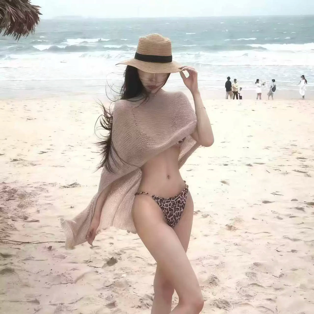GOLD KNIT CARDIGAN AND LEOPARD BIKINI SET