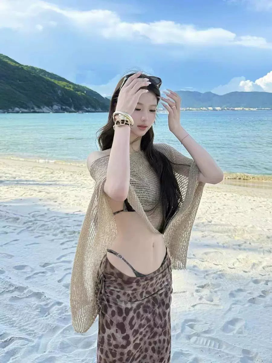 GOLD KNIT CARDIGAN AND LEOPARD BIKINI SET