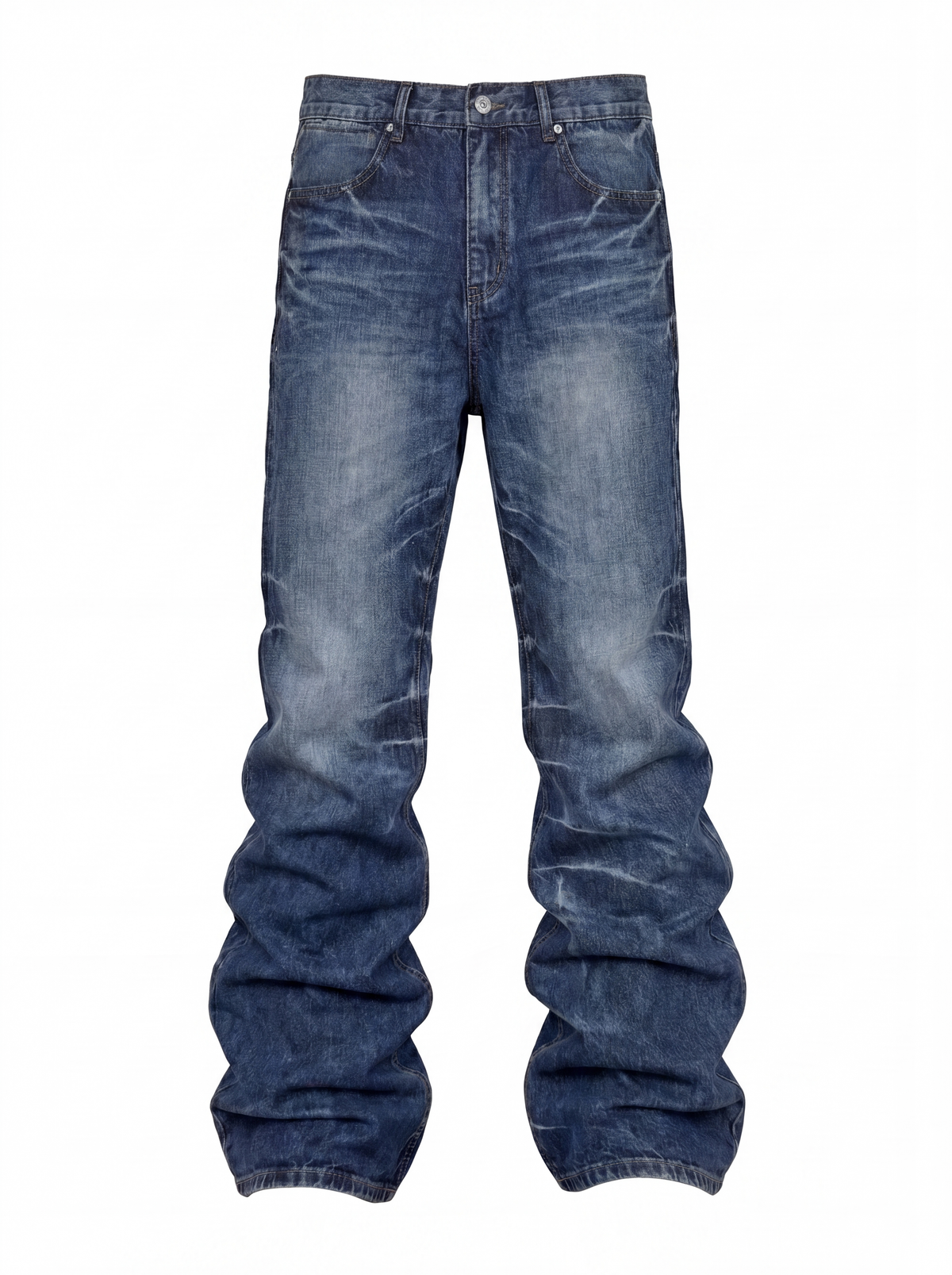 DISTRESSED PLEATED STRAIGHT-LEG JEANS
