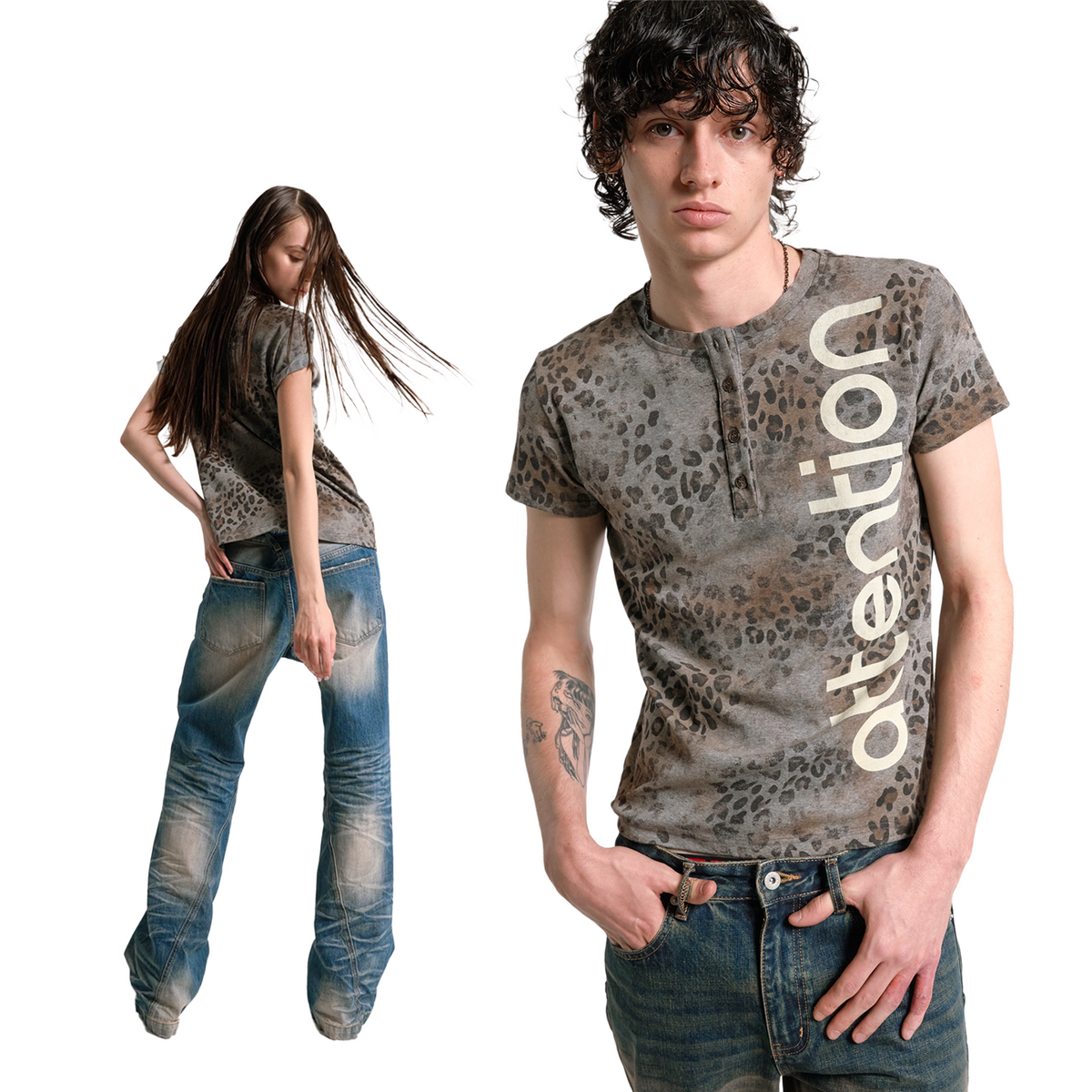 BROWN LEOPARD PRINT HENLEY T-SHIRT