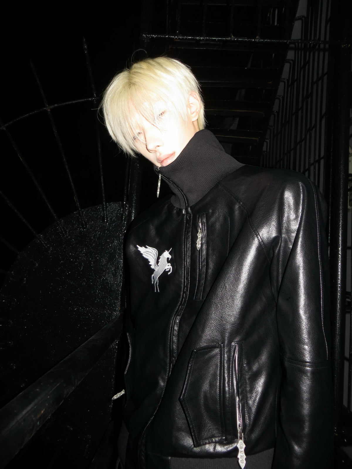 EMBROIDERED LEATHER ZIPPER JACKET