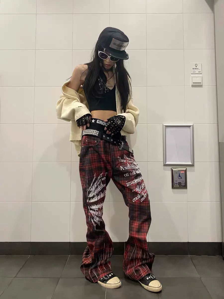 CUSTOM RED PLAID PUNK JEANS