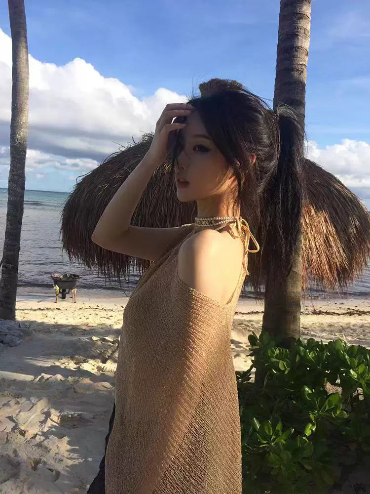 GOLD KNIT CARDIGAN AND LEOPARD BIKINI SET