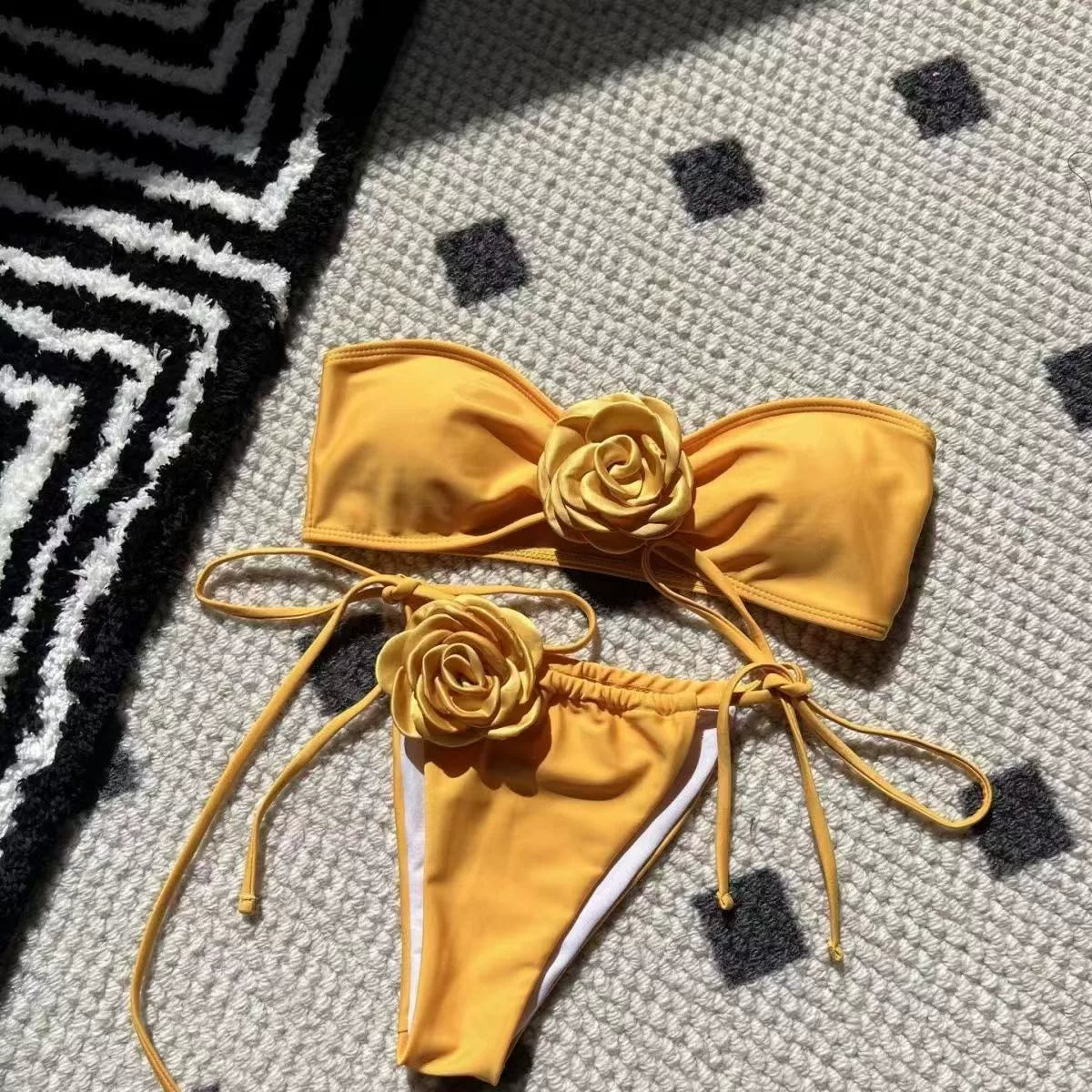 3D FLORAL BANDEAU BIKINI SET