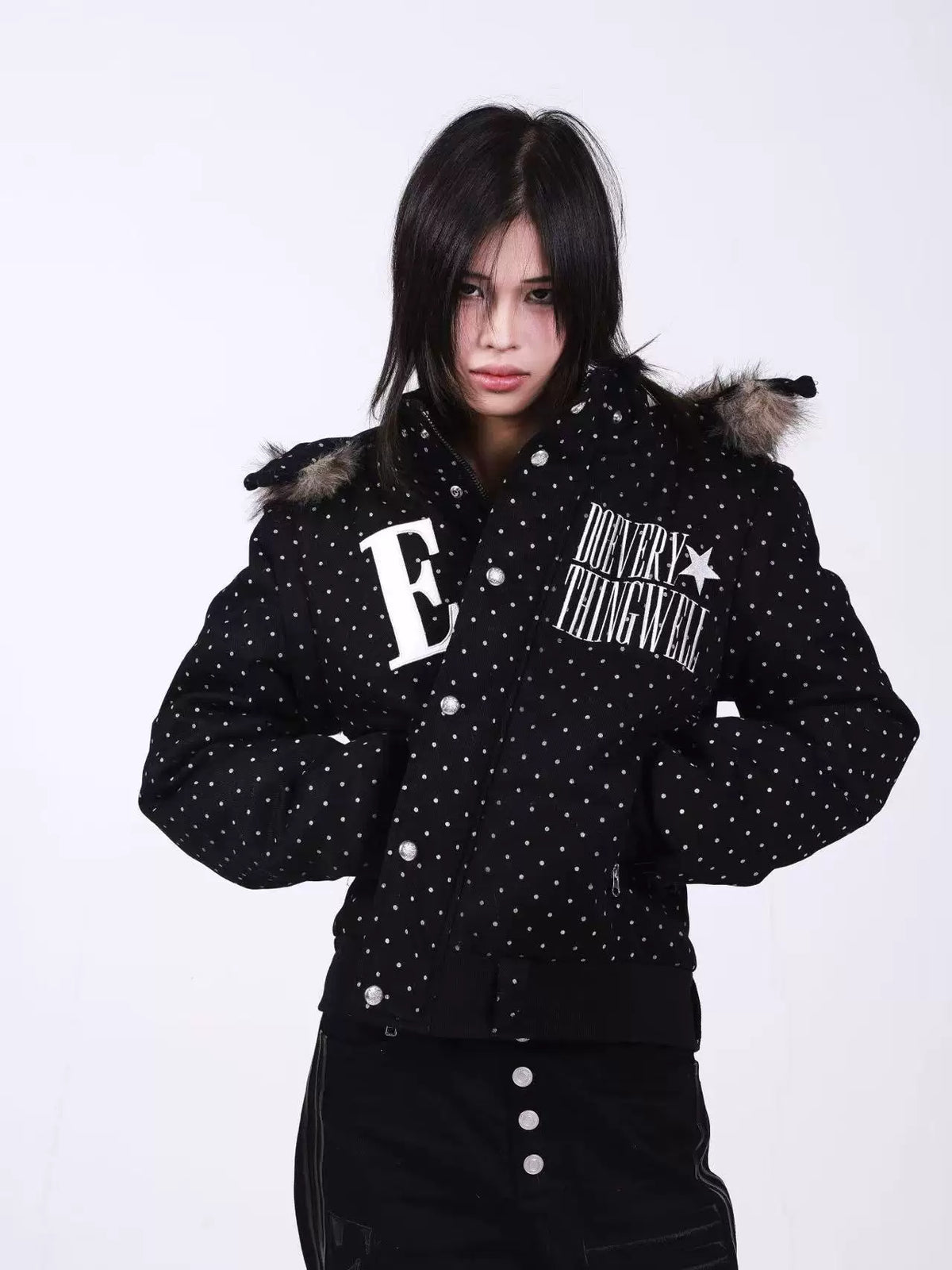 POLKA DOT HOODED JACKET WITH FUR COLLAR