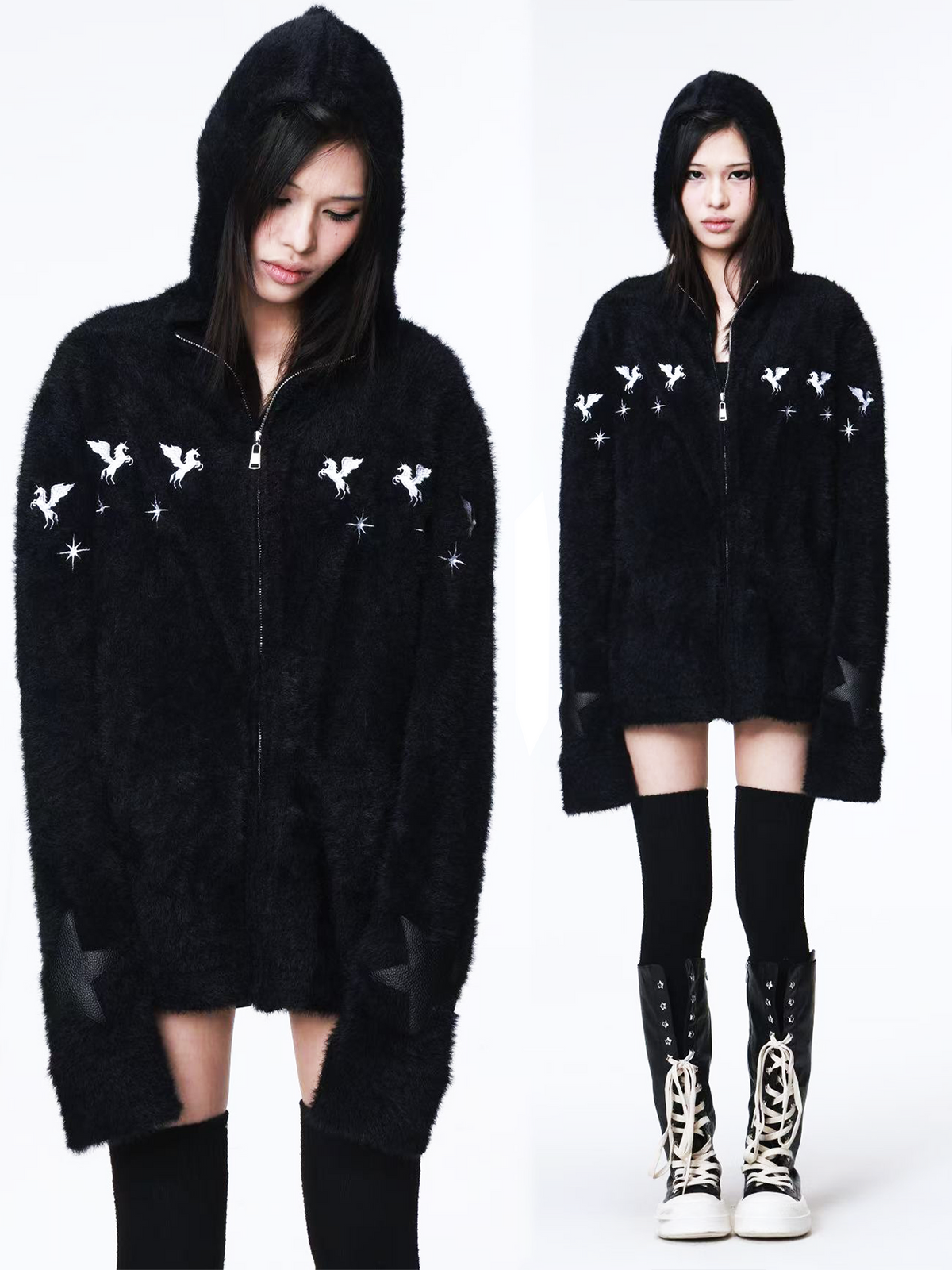 HOODED MOHAIR SWEATER COAT