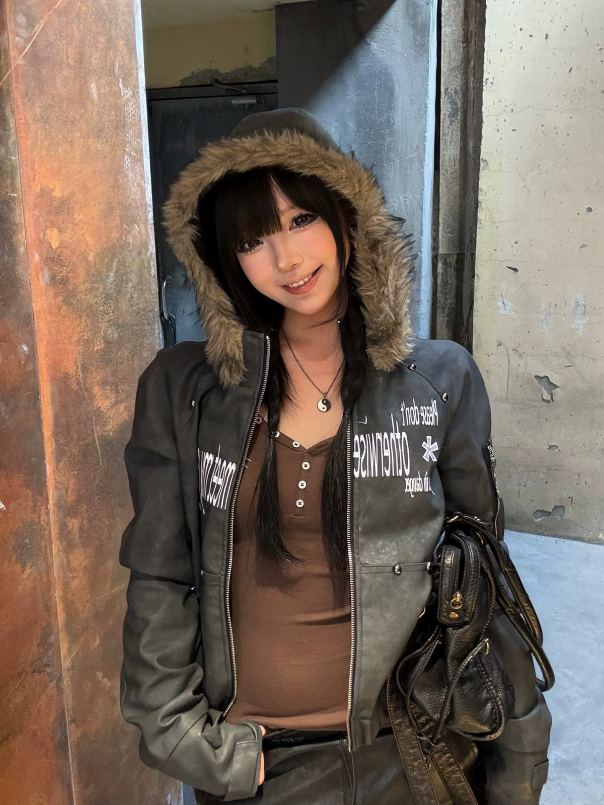 RIVET PRINT HOODED LEATHER JACKET