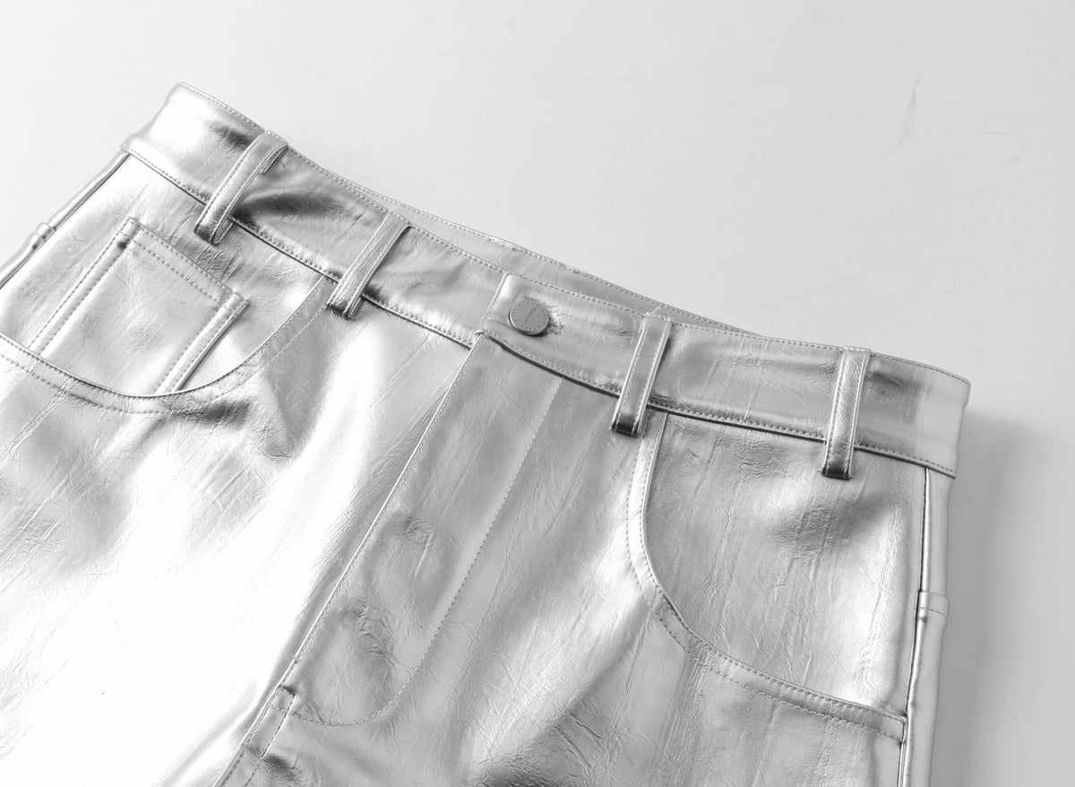 SILVER LIQUID LEATHER PANTS