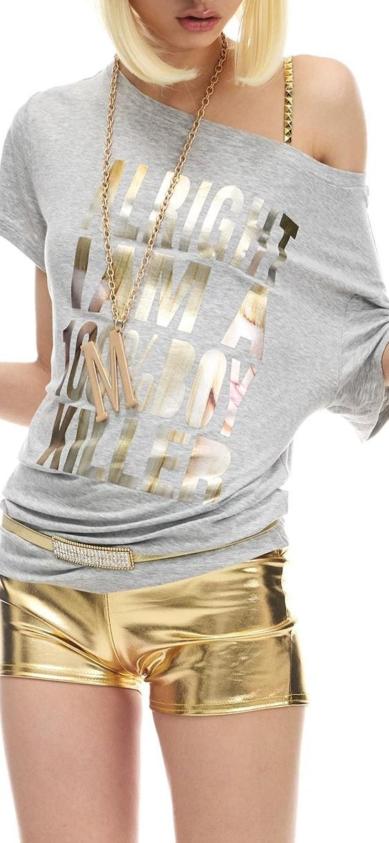 メタリック・フローラル・オフショルダー・Tシャツ