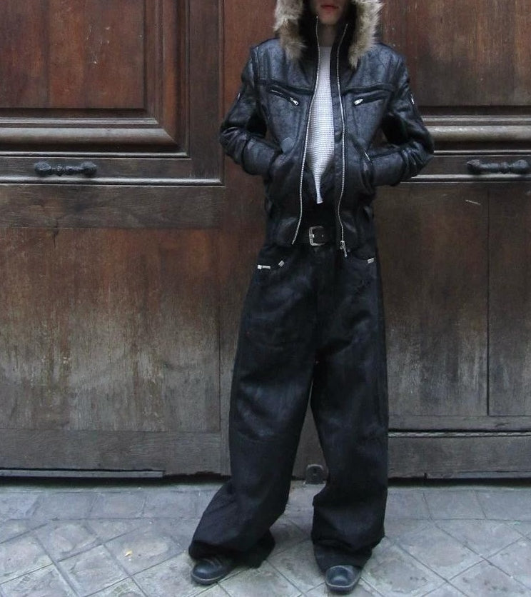WIDE LEG DESTROYED WAXED JEANS