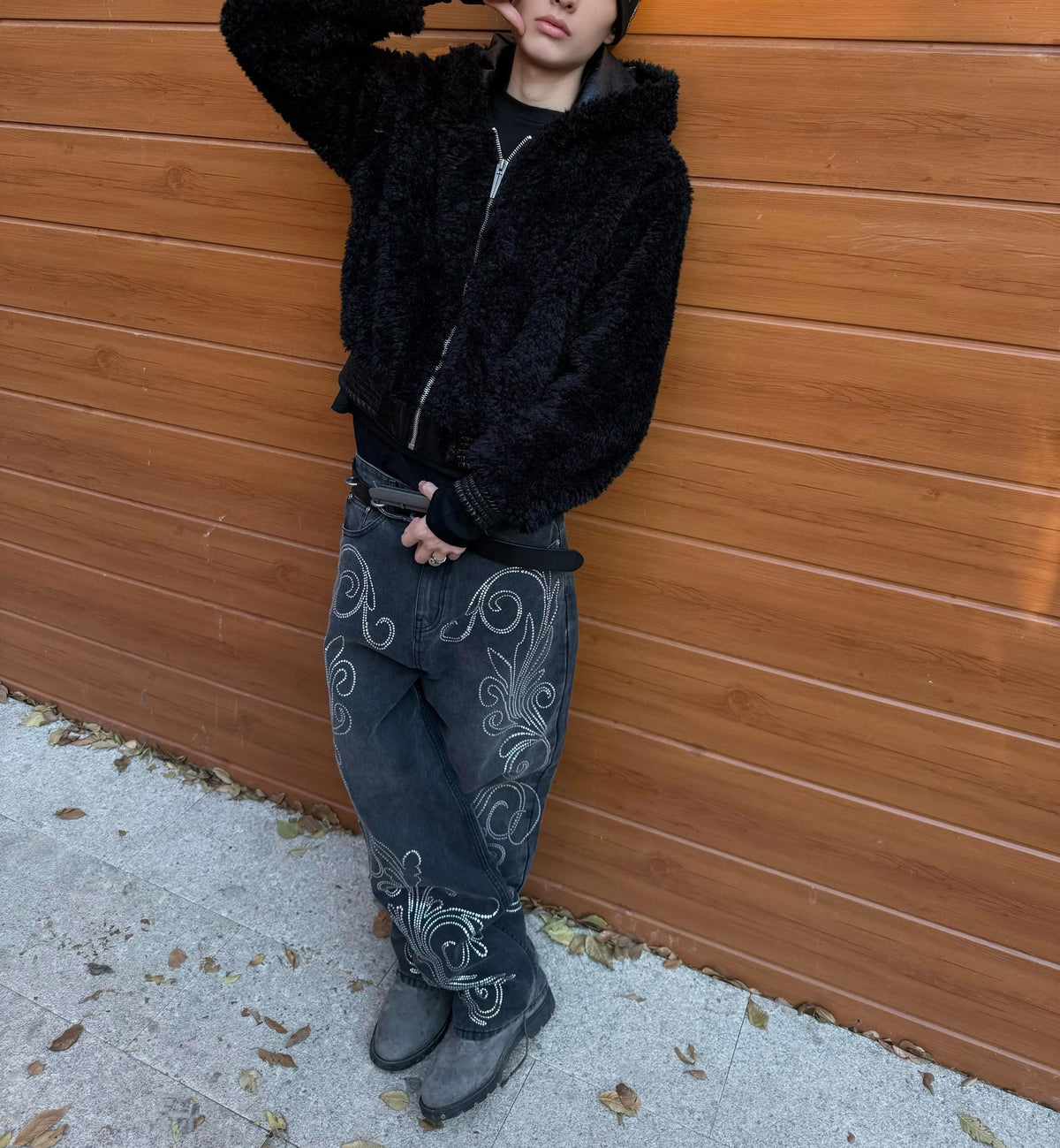 PLUSH PATCHWORK SUEDE HOODED JACKET