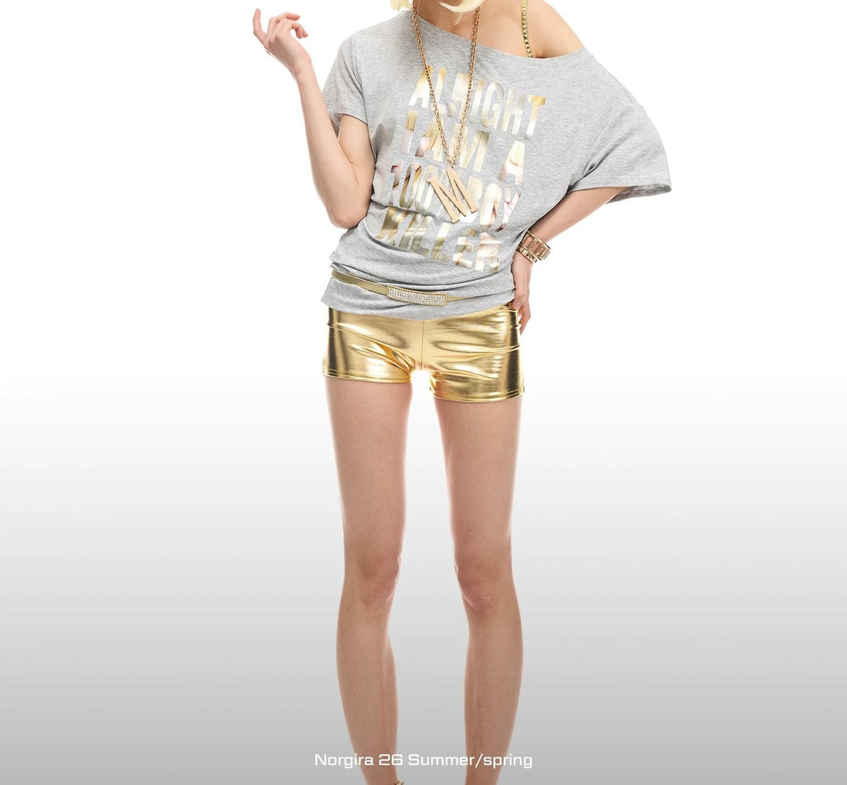 メタリック・フローラル・オフショルダー・Tシャツ