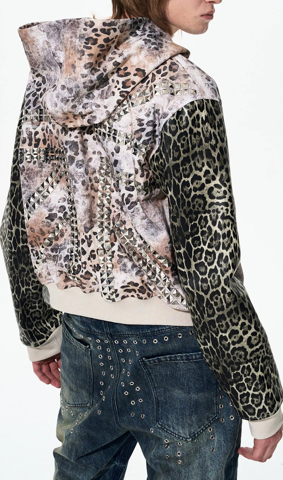 ヒョウパッチワークフードスウェット