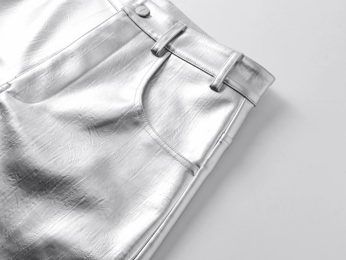 SILVER LIQUID LEATHER PANTS