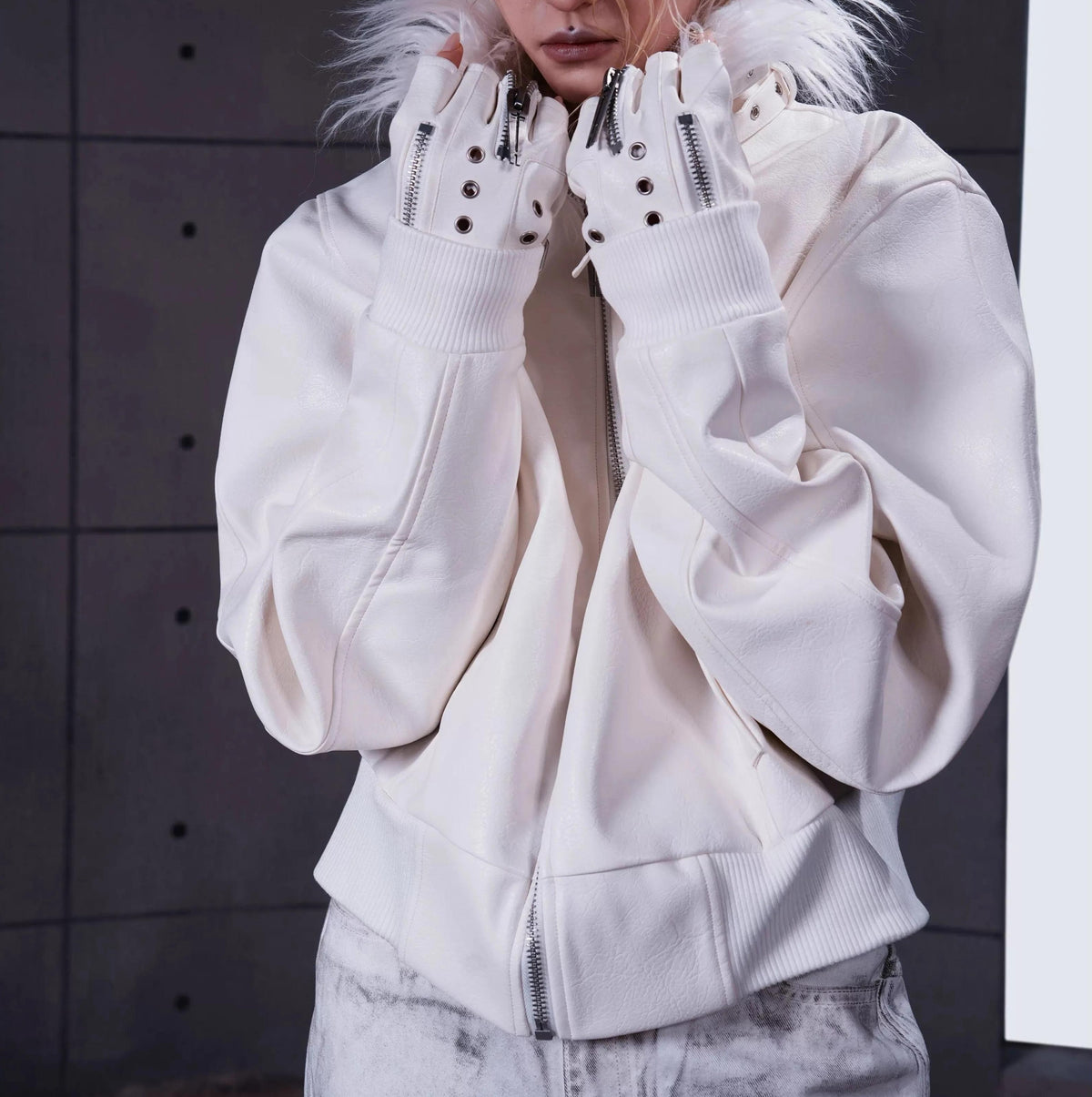 FAUX FUR COLLAR LEATHER JACKET