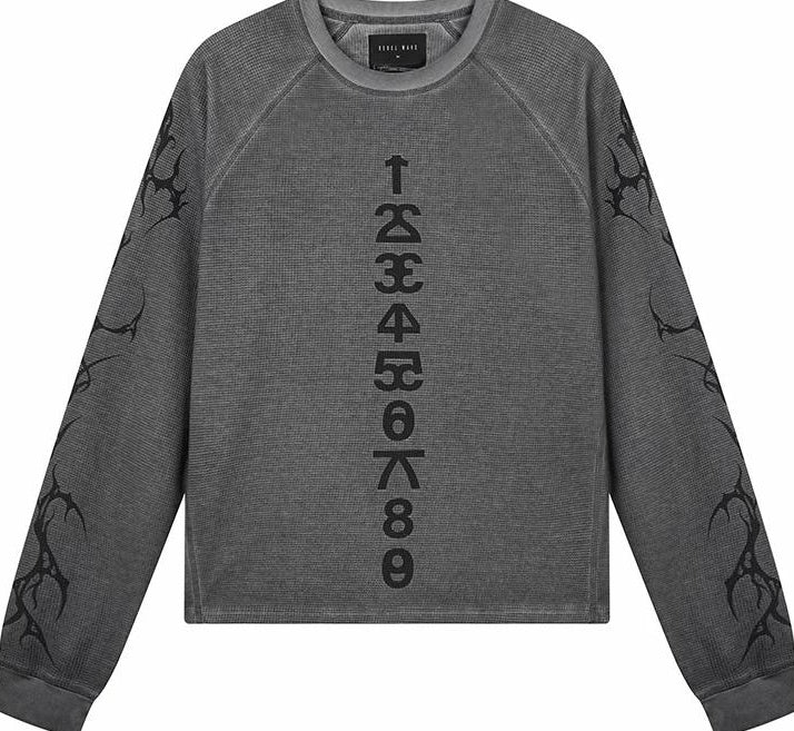 SANSKRIT PRINT WAFFLE LONG SLEEVE T-SHIRT