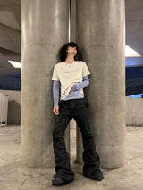 BRUSHED WAX COATED MICRO FLARE JEANS