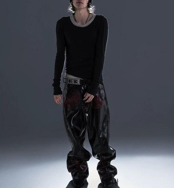BAROQUE SKULL CLIP LEATHER PANTS
