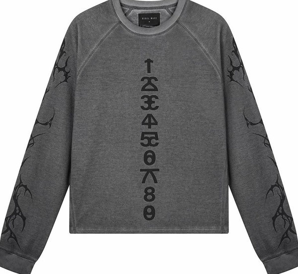SANSKRIT PRINT WAFFLE LONG SLEEVE T-SHIRT
