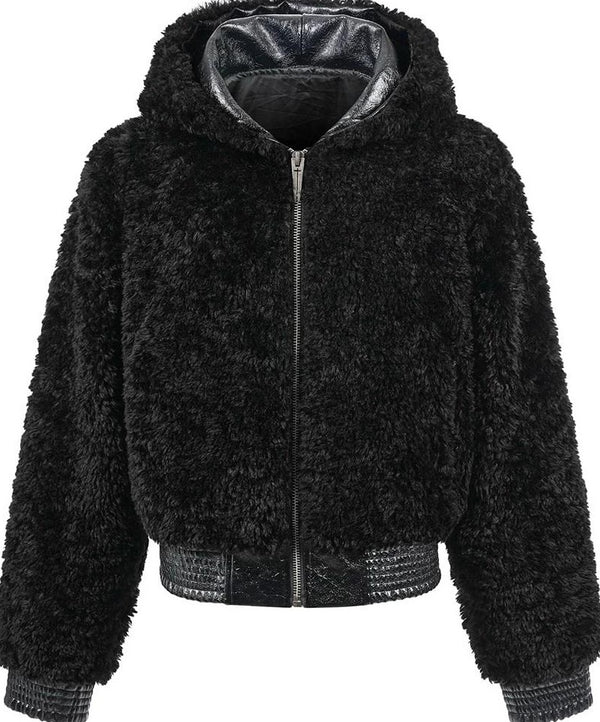 PLUSH PATCHWORK SUEDE HOODED JACKET
